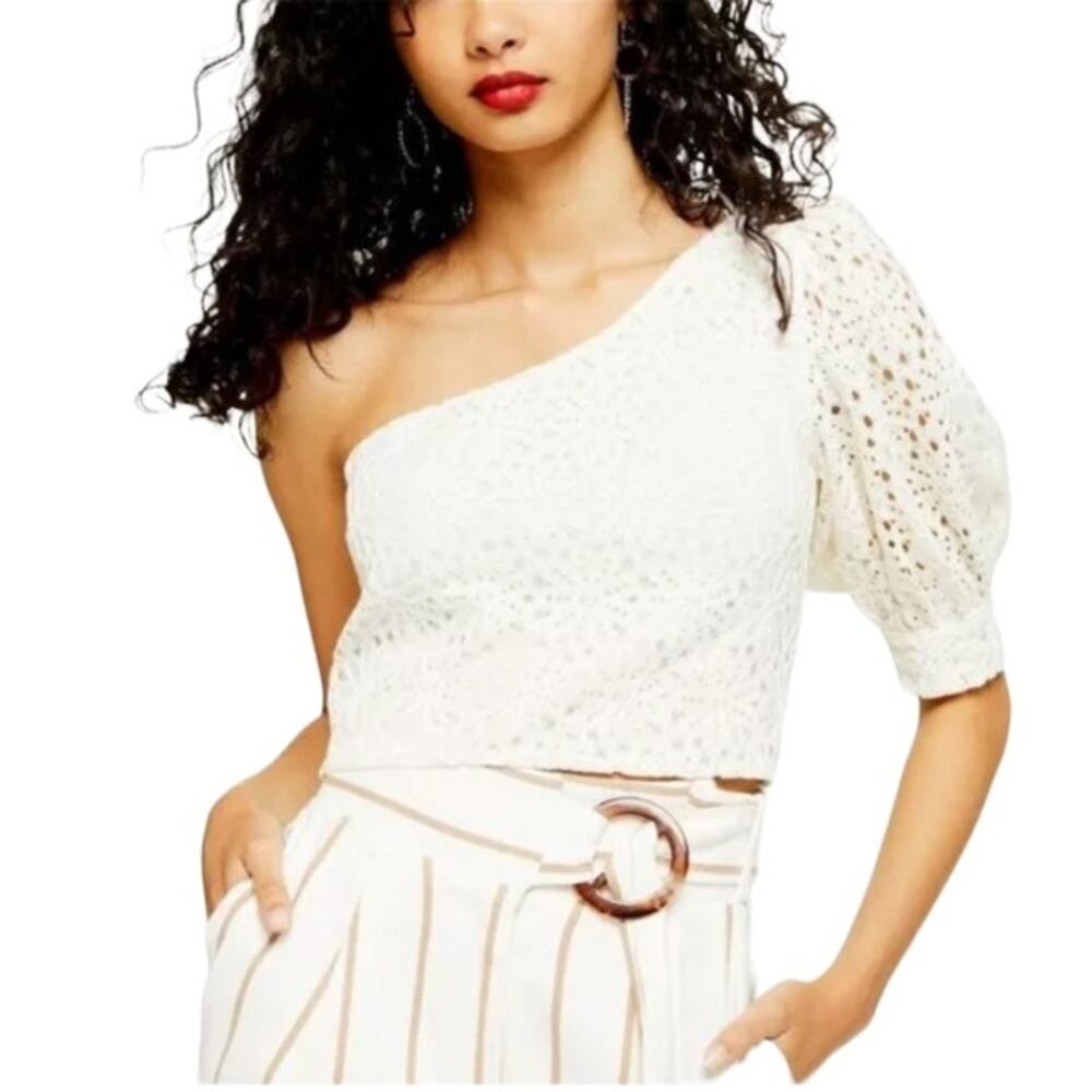 Topshop One-Shoulder Lace Crop Top Cream White Size 8 NWT